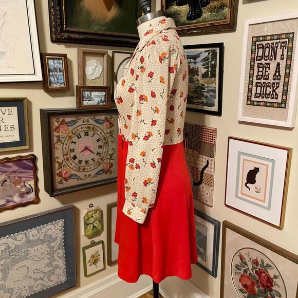 70s Vintage Groovy Marcia Brady Red Floral Knee Length Long Sleeve Dress M/L - Picture 3 of 5